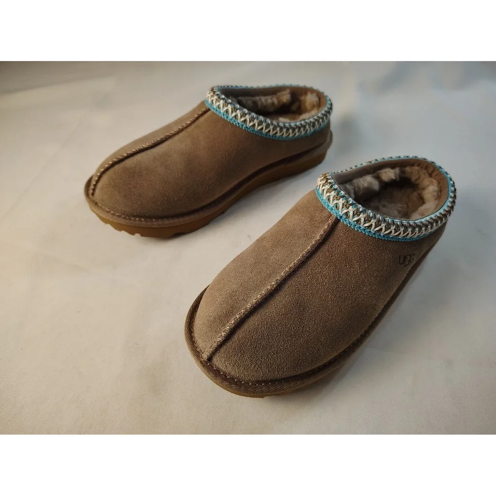 UGG Kids Tasman Chestnut Suede Slip On Slippers Blue Braid Embroidery Shoes 5